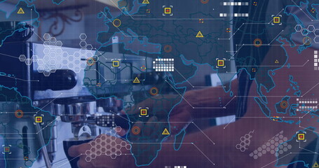 Image of digital interface over barista is making coffee