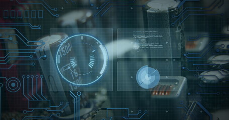 Image of clock and globe over data processing on purple background