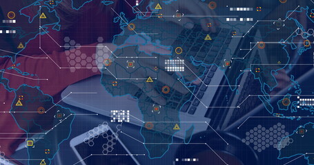 Image of data processing and world map over mid section of a woman using laptop at a cafe