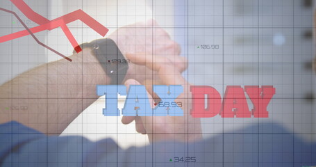 Image of data processing over tax day text and caucasian businessman with smartwatch