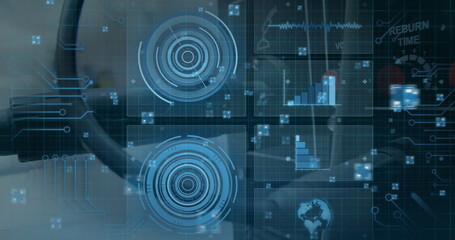 Digital interface with data processing and microprocessor connections against close up of a server