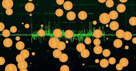 Image of dollar sings and data processing over dark background