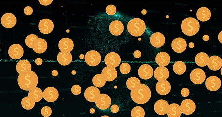 Image of floating red balloons rising and confetti falling on black background