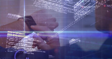 Image of stock market data processing over rear view of caucasian businessman using smartwatch