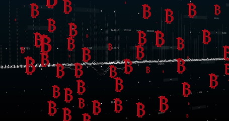 Image of bitcoin sings and data processing over dark background