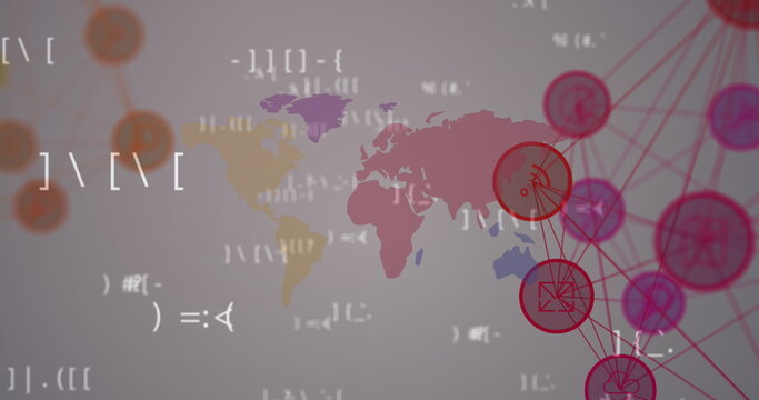 Image of falling covid icons over globet