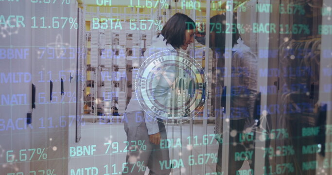 Image of data processing over female worker in server room