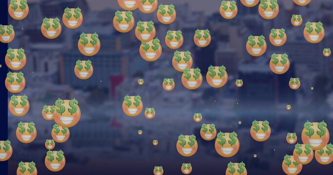 Image of emoji icons flickering over cityscape - Powered by Adobe