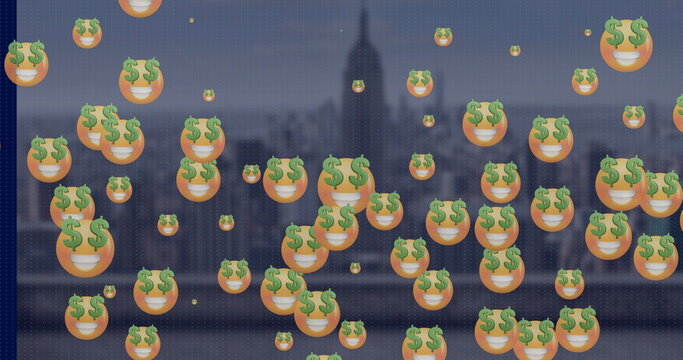 Image of network of connections with icons over cityscape