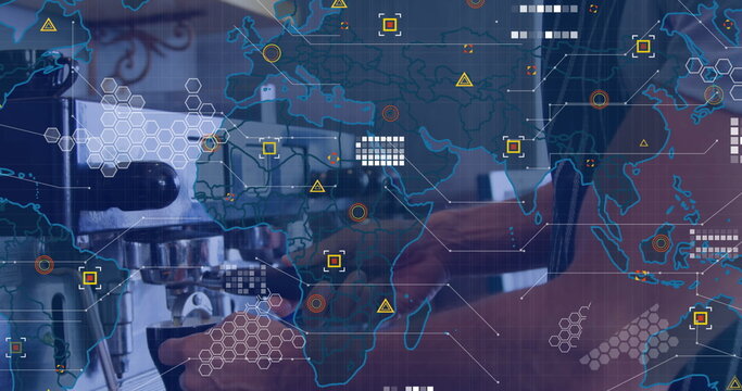 Image of digital interface over barista is making coffee