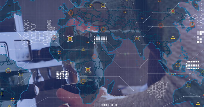 Image of data processing and world map over mid section of male barista preparing coffee at cafe