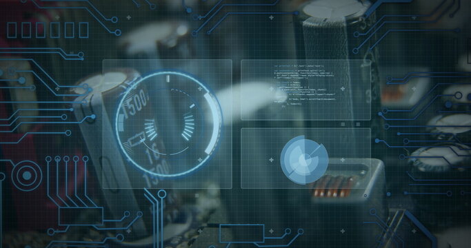 Image of clock and globe over data processing on purple background - Powered by Adobe