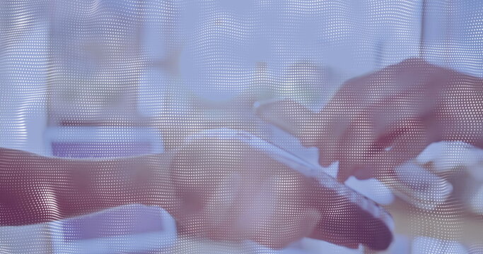 Animatio of financial data processing over people using payment terminal - Powered by Adobe