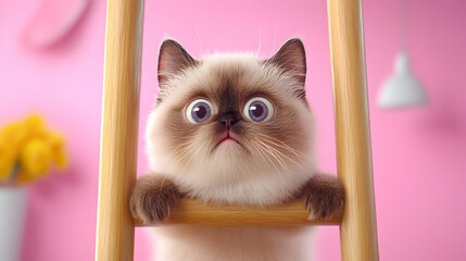 Adorable Fluffy Kitten on Pink Wooden Ladder