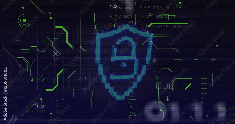 Poster security padlock icon and microprocessor connections against data processing on blue background