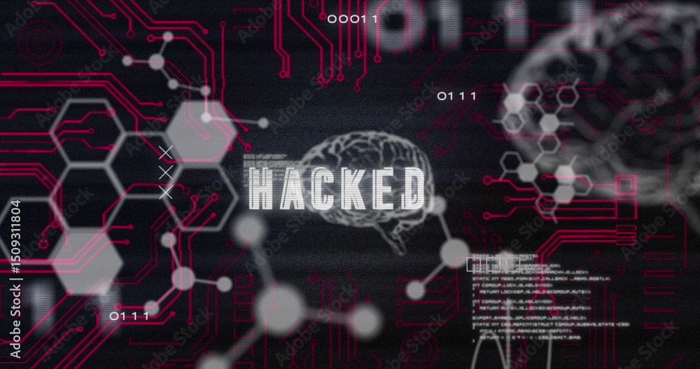 Poster hacked text and microprocessor connections against medical data processing on black background
