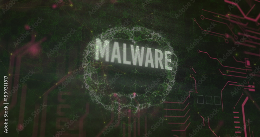 Poster malware text and microprocessor connections against spinning human brain on green background