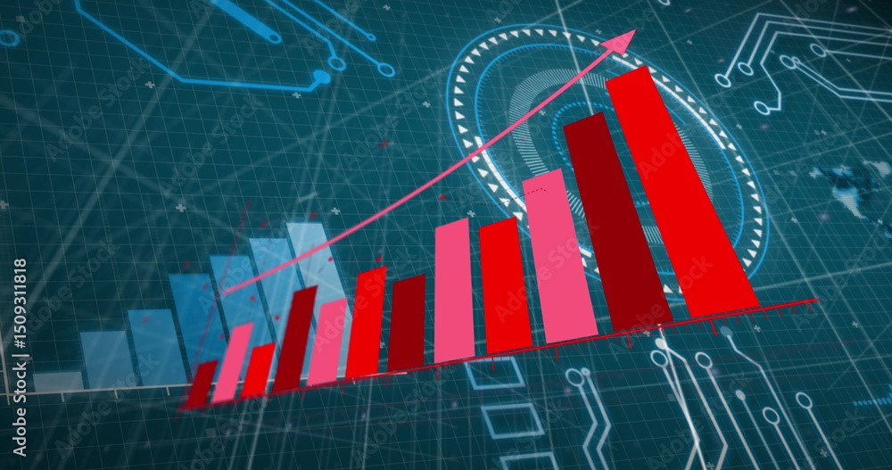 Poster image of financial graph over data processing on blue background