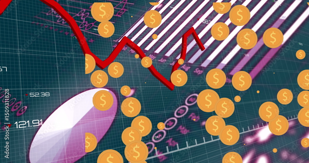 Poster multiple dollar symbol icons over statistical data processing against blue background