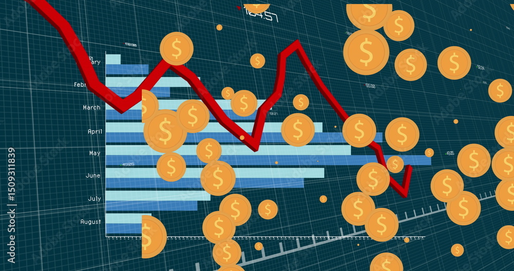 Poster multiple dollar symbol icons over statistical data processing against blue background