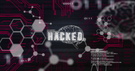 Hacked text and microprocessor connections against medical data processing on black background