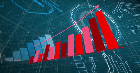 Image of financial graph over data processing on blue background
