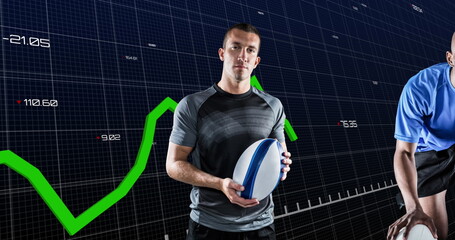 Image of financial data processing over rugby player