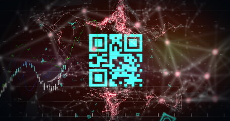 Image of level up text over network of connections on black background