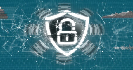 Image of network of connections and security padlock over blue background