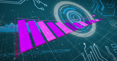 Image of financial graph over data processing on blue background