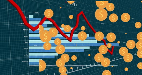 Multiple dollar symbol icons over statistical data processing against blue background