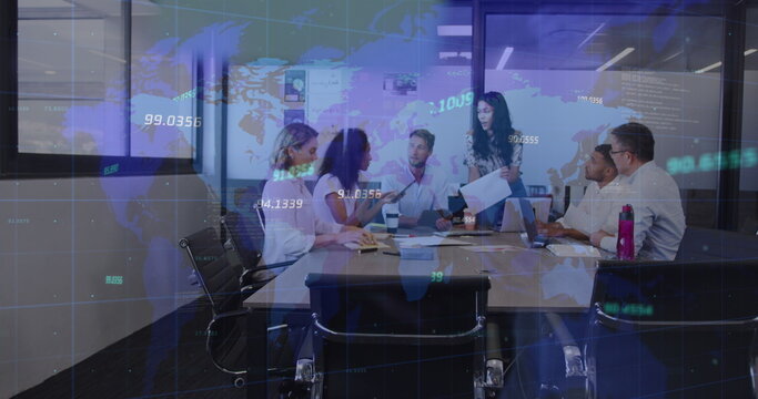 Image of data processing over diverse business people at meeting