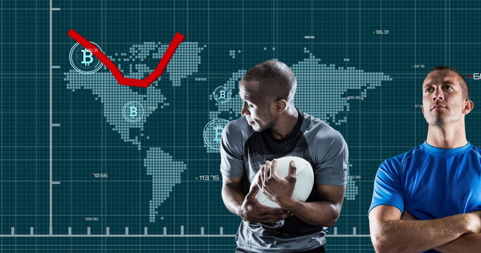 African american male rugby player over statistical data processing against grey background