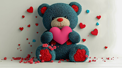 Colorful teddy bear holding a heart surrounded by decorative hearts and flowers in a playful arrangement for a joyful celebration of love