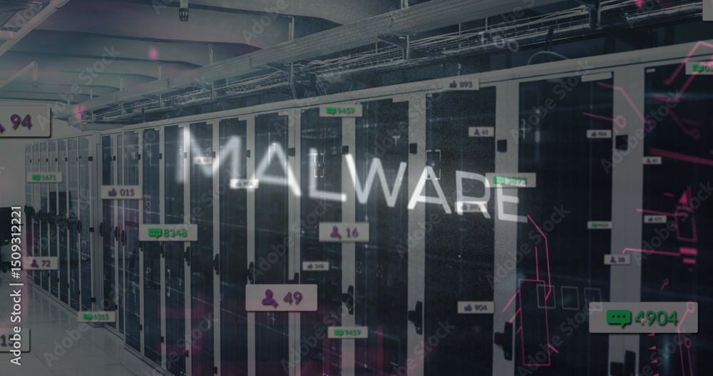 Poster image of malware text and data processing over server room