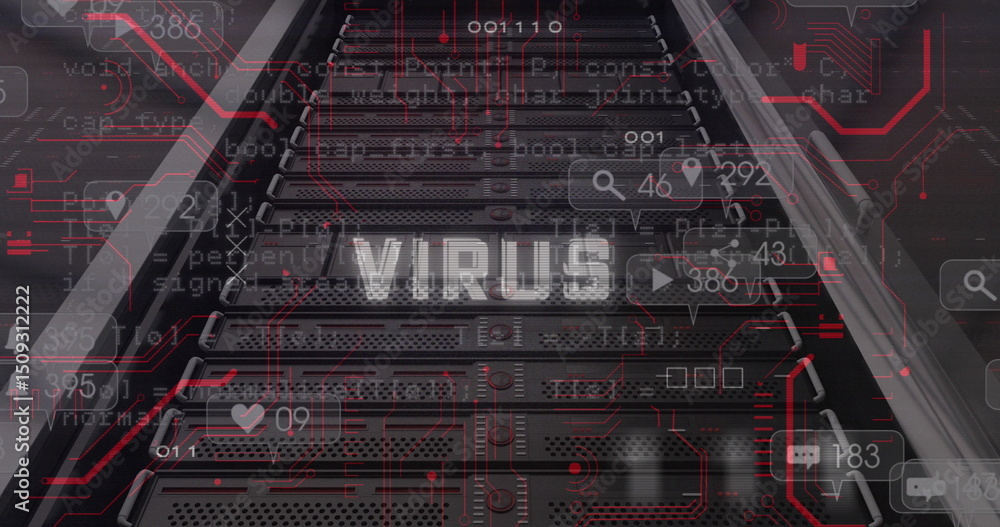 Poster virus text and microprocessor connections against close up of a computer server
