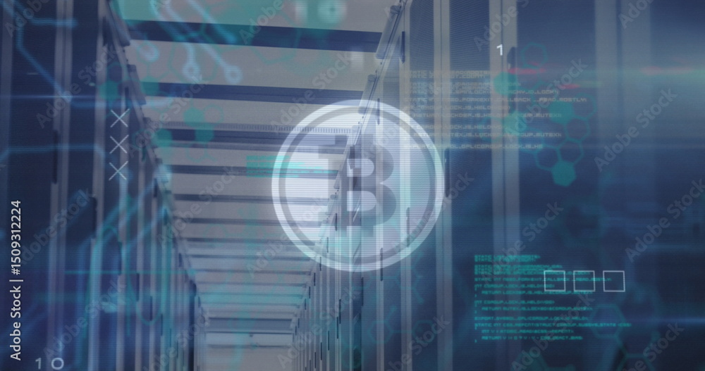 Poster bitcoin symbol and microprocessor connections against empty computer server room