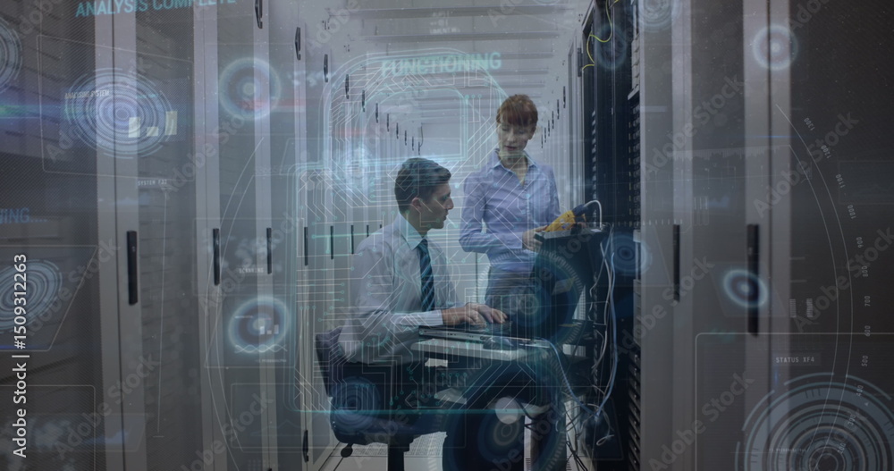 Poster image of data processing over two caucasian server room workers