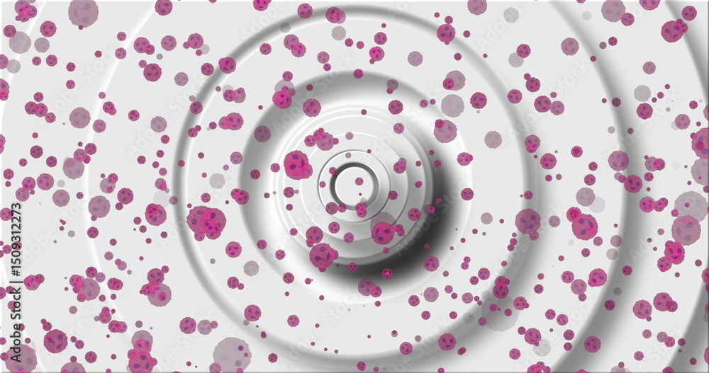 Poster image of pink cells floating over white background with circles