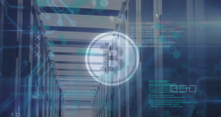 Bitcoin symbol and microprocessor connections against empty computer server room