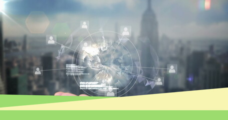 Image of globe with network of connections and data processing over laptop