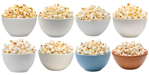 Obraz premium Collection of various a bowl of freshly popped popcorn coated with lemon butter seasoning isolated on white transparent background PNG set