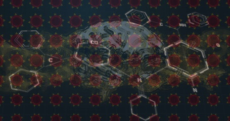 Image of virus cell icons over brain and molecules