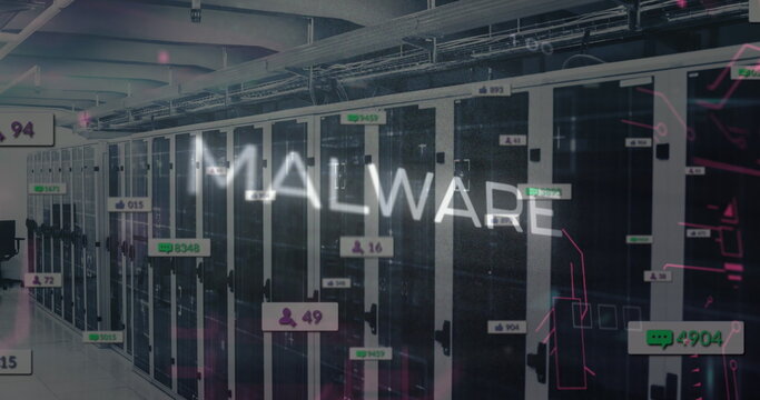 Image of malware text and data processing over server room