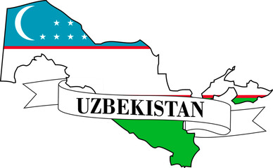 The map of Uzbekistan overlaid with the flag of Uzbekistan and its name written on a ribbon