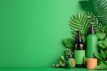 Natural beauty products arranged on a vibrant green background