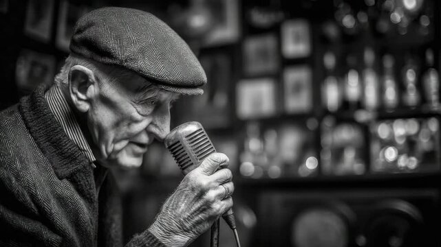 An elderly man in a flat cap sings passionately into a vintage microphone in a cozy, dimly lit setting.