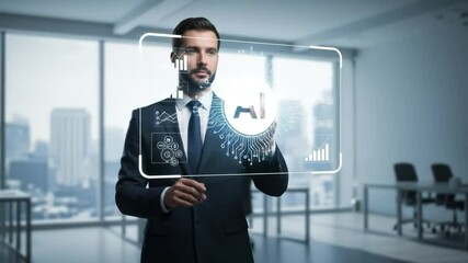 Man in suit interacting with ai interface in modern office with city view, using touch screen technology - Powered by Adobe