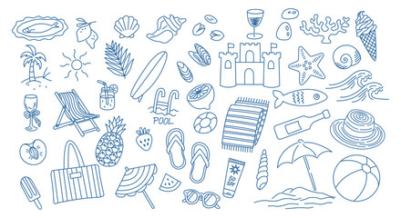 Doodle summer set. Hand drawn vintage doodle drawing. Summer vacation collection. Doodle drawings for cards, stickers, summer sale banner.  © Oleh