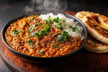 Linsen Dal Curry mit Reis indisches Essen vegetarisch Linsengericht exotisch gewürzt orientalisches Gericht Dampfwolken Naan Brot Veggie Bowl scharfes Curry Soulfood Foodfotografie Hausmannskost